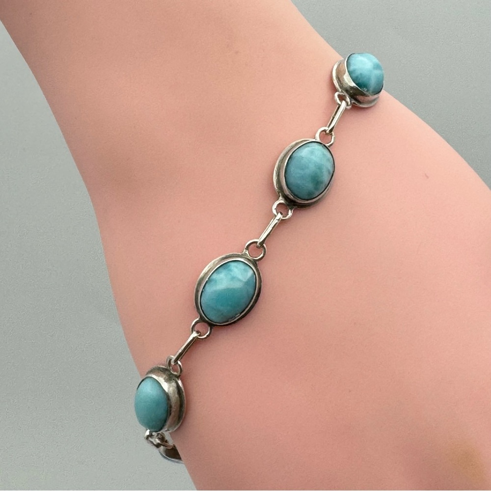 Luxury Larimar Sterling Silver Bracelet | Rare Caribbean Blue Oval Cabochons